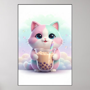 Pastel Kitty met Bubble Tea Kunstposter Poster