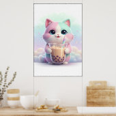 Pastel Kitty with Bubble Tea Art Poster (Cuisine)