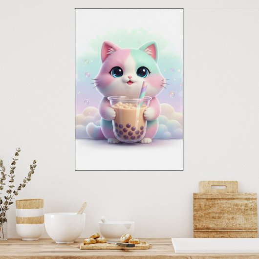 Pastel Kitty with Bubble Tea Art Poster (Cuisine)