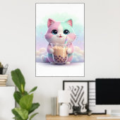 Pastel Kitty with Bubble Tea Art Poster (Bureau à domicile)