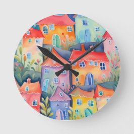 Pastel kleine huizen in zachte kleur, rustige kleu ronde klok