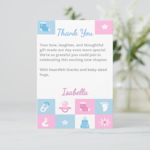 Pastel Kleine Icoontjes Babyfeestjes & Geslacht Re Bedankkaart