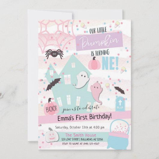 Pastel kleine pompoen eerste verjaardag Halloween Kaart (Voorkant)