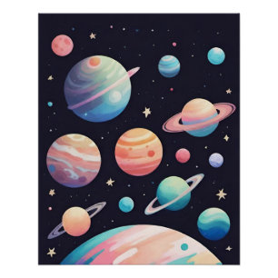 Pastel kleur planeten in donkere ruimte perfect poster