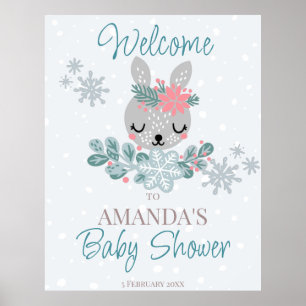 Pastel kleuren baby shower winterkonijn welkom poster