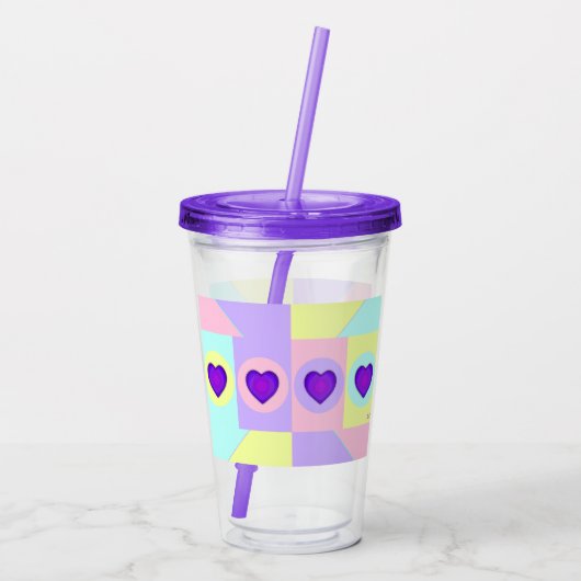 Pastel kleuren & paarse harten kloppen acryl drinkbeker (Achterkant)
