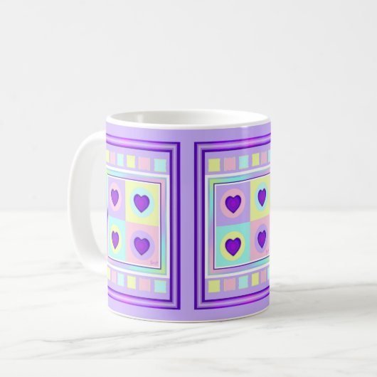 Pastel kleuren & paarse harten kloppen koffiemok (Voorkant links)