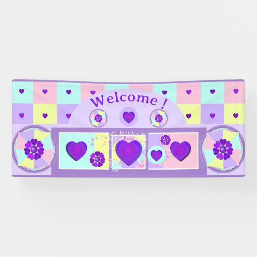 Pastel kleuren & paarse harten kloppen spandoek (Horizontaal)