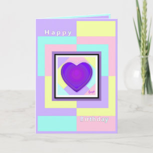 Pastel kleuren & paarse harten kloppen verjaardags bedankkaart