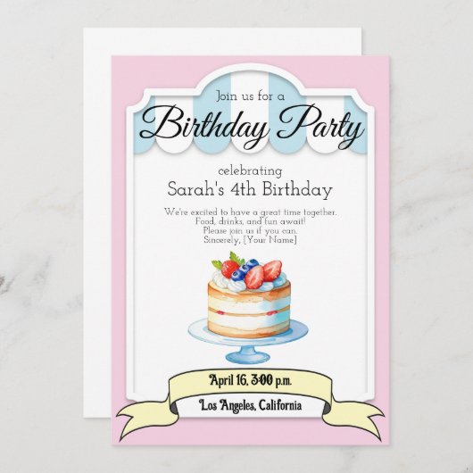 pastel kleurentaart, uitnodiging voor verjaardagsf (Voorkant / Achterkant)