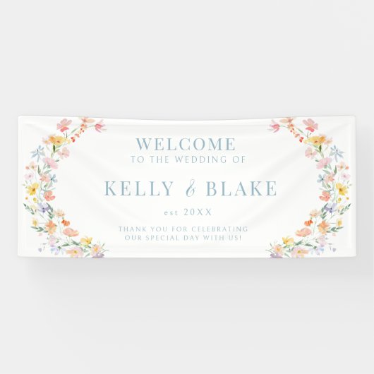 Pastel Kleurrijke Waterverf Wildflower Wedding Spandoek (Horizontaal)