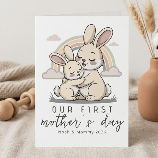 Pastel Konijn Moeder Baby Eerste Moederdag Zachte Kaart