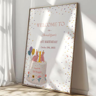 Pastel Konijn Tweeling Meisjes 1e Verjaardagsfeest Poster