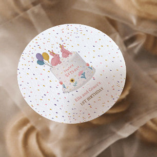 Pastel Konijn Tweeling Meisjes 1e Verjaardagsfeest Ronde Sticker