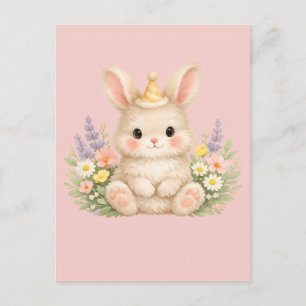 Pastel Konijn Wilde Bloem Illustratie Feestdagenkaart