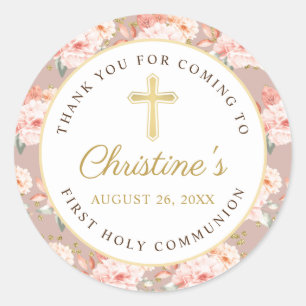Pastel Koral Floral Gold Cross 1st Heilige Communi Ronde Sticker