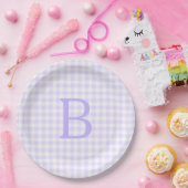 Pastel lavendel en witte gingham monogram papieren bordje (Feest)