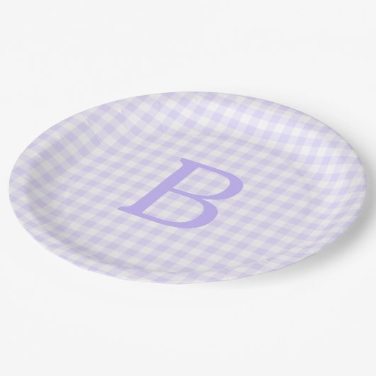 Pastel lavendel en witte gingham monogram papieren bordje (Gekanteld)