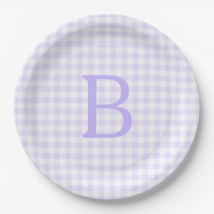 Pastel Lavendel en Witte Gingham Monogram Papieren Bordje