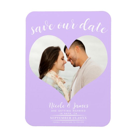 Pastel Lavendel Hart Foto Bruiloft Save the Date Magneet (Verticaal)