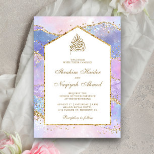 Pastel Lavender Gold Marble Arch Muslim Wedding Kaart