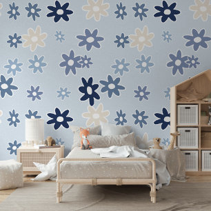 Pastel Licht Medium Donkerblauw Bloemen Art Patroo Behang