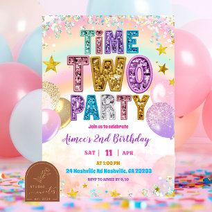 Pastel Lovertjes Glitter Tijd TWEE Feest Uitnodigi Kaart