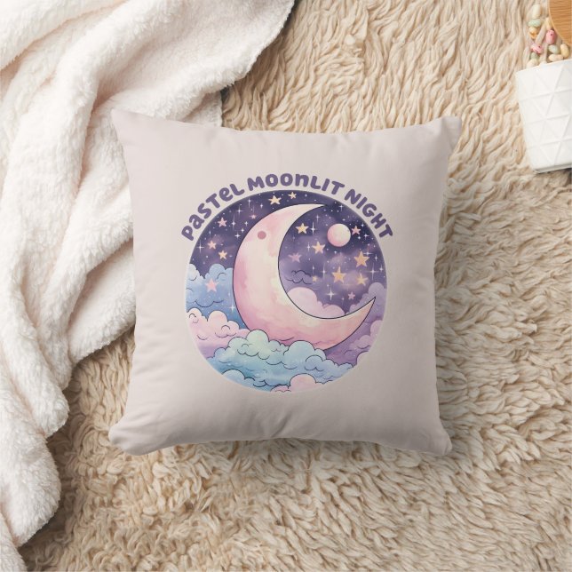 Pastel maanverlichte nacht - Dromerige halve maan Kussen (Deken)