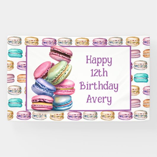 Pastel Macaron Cookie Thema Verjaardagsfeestje Spandoek (Horizontaal)