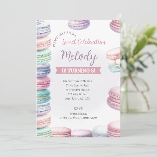 Pastel Macaron Verjaardag Nodig Stack Of Sweetness Kaart (Staand voorkant)