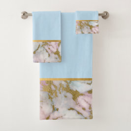 PASTEL MARBLE GOLD BLUE BATHROOM TOWEL SET BAD HANDDOEK
