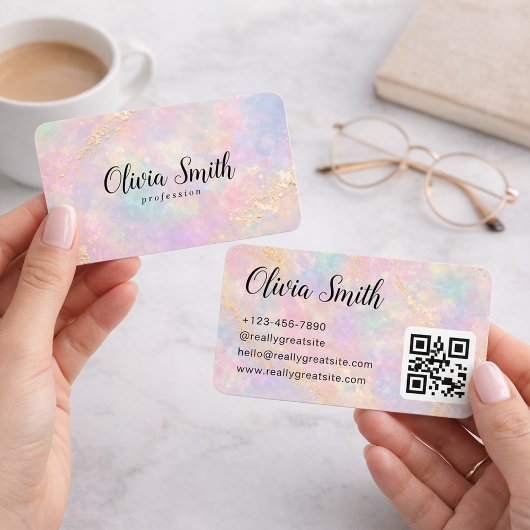 Pastel Marble Script Name and Gold Accents QR Code Visitekaartje