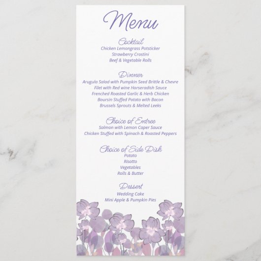 Pastel mauve paarse blush floral Weddenschap Menu (Voorkant)