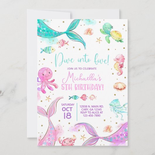 Pastel mermaid pile fille invitation (Devant)