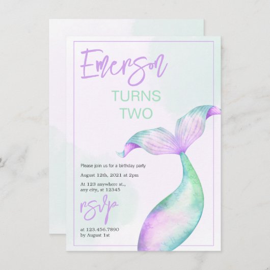 Pastel Mermaid Queue Anniversaire Invitation (Devant / Derrière)