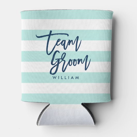 Pastel Mint en witte strepen Blauw Team Groom Blikjeskoeler (Voorkant)