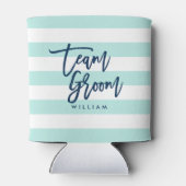 Pastel Mint en witte strepen Blauw Team Groom Blikjeskoeler (Achterkant)