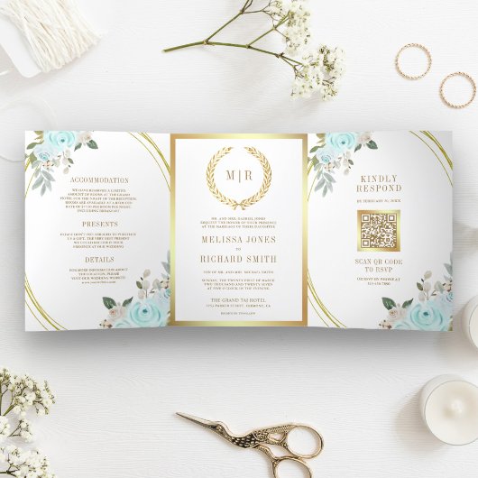 Pastel Mint Rozen allen in één QR Code Weddenschap Drieluik Uitnodiging