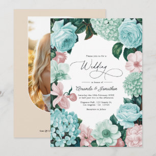 Pastel Mint, Zeegroen & Schelp Roze Bruiloft Kaart