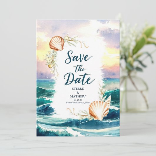 Pastel Modern Beach Bruiloft Save The Date (Staand voorkant)