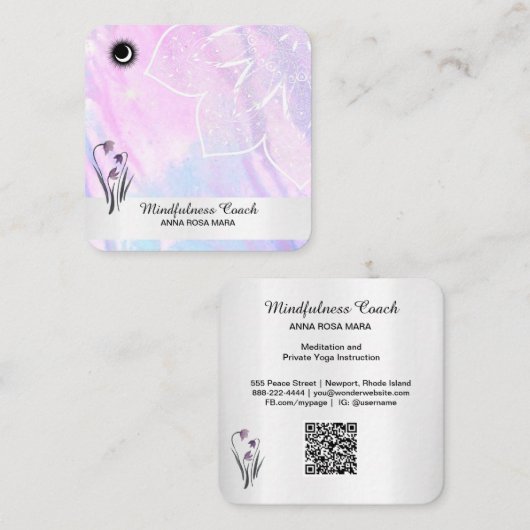 *~* Pastel Moon QR code Mandala Folie Flowers Vierkante Visitekaartje (Voorkant / Achterkant)