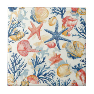 Pastel Oceaan Schelpen met Delicate Koraal Takken Tegeltje