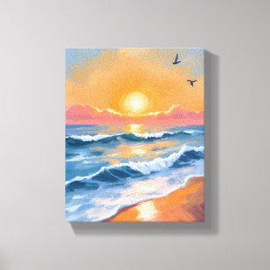 Pastel Oceaan Zonsondergang Aquarel Strand Schilde Canvas Afdruk