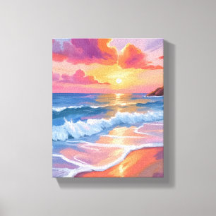 Pastel Oceaan Zonsondergang   Kleurrijke Strand Sc Canvas Afdruk