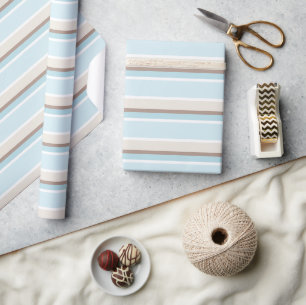 Pastel Oceaanblauw Beige Bruin Wit Streeppatroon Cadeaupapier