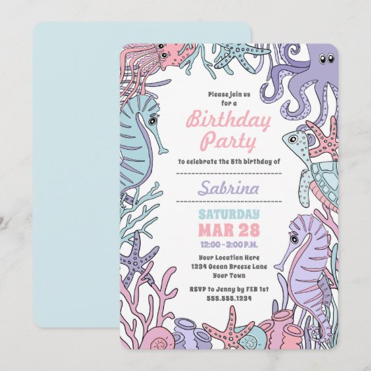 Pastel Ocean Theme Zee Life Birthday Uitnodiging (Voorkant / Achterkant)