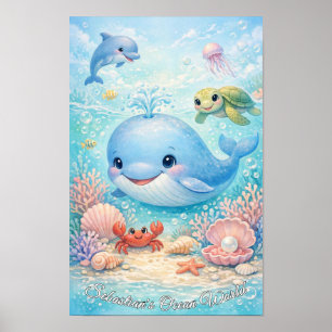 Pastel Oceandieren Jongen Blauwe Walvis Dolfijn Sc Poster