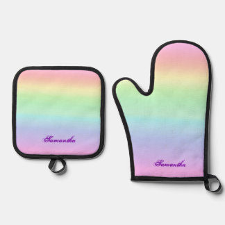 Pastel Ombre Rainbow voegt Jouw naam toe Ovenwant & Pannenlap Set