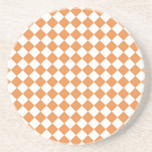 Pastel Oranje en Wit Diamant Schachbrett motief Zandsteen Onderzetter