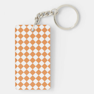 Pastel Oranje en Wit Diamant Schachermotief Sleutelhanger